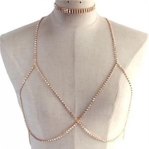 Gold and rhinestone choker and chain bra set